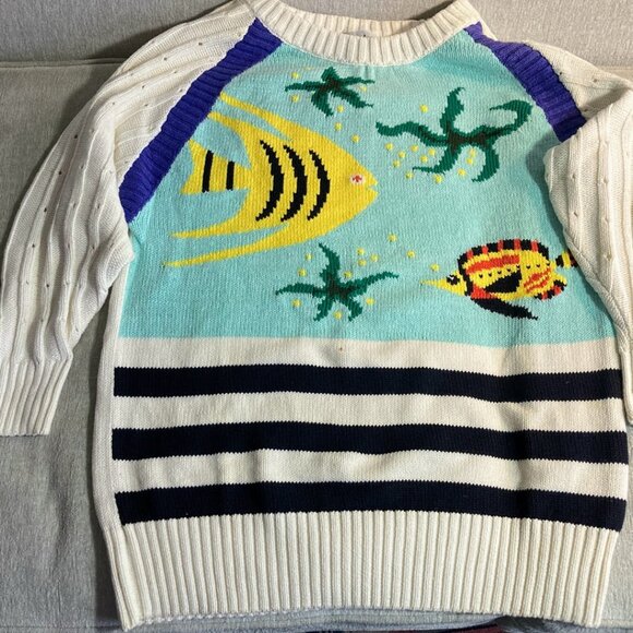 Woman's Fish Ocean Sweater White Large 100% Cotton Colorful Sea Life New - Picture 4 of 8